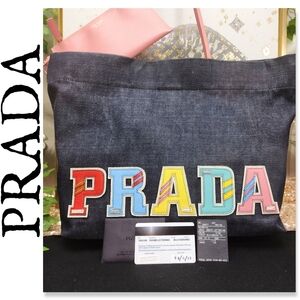 NWOT Prada Denim Logo Patch Tote W/ Pouchette, Dust Bag And COA